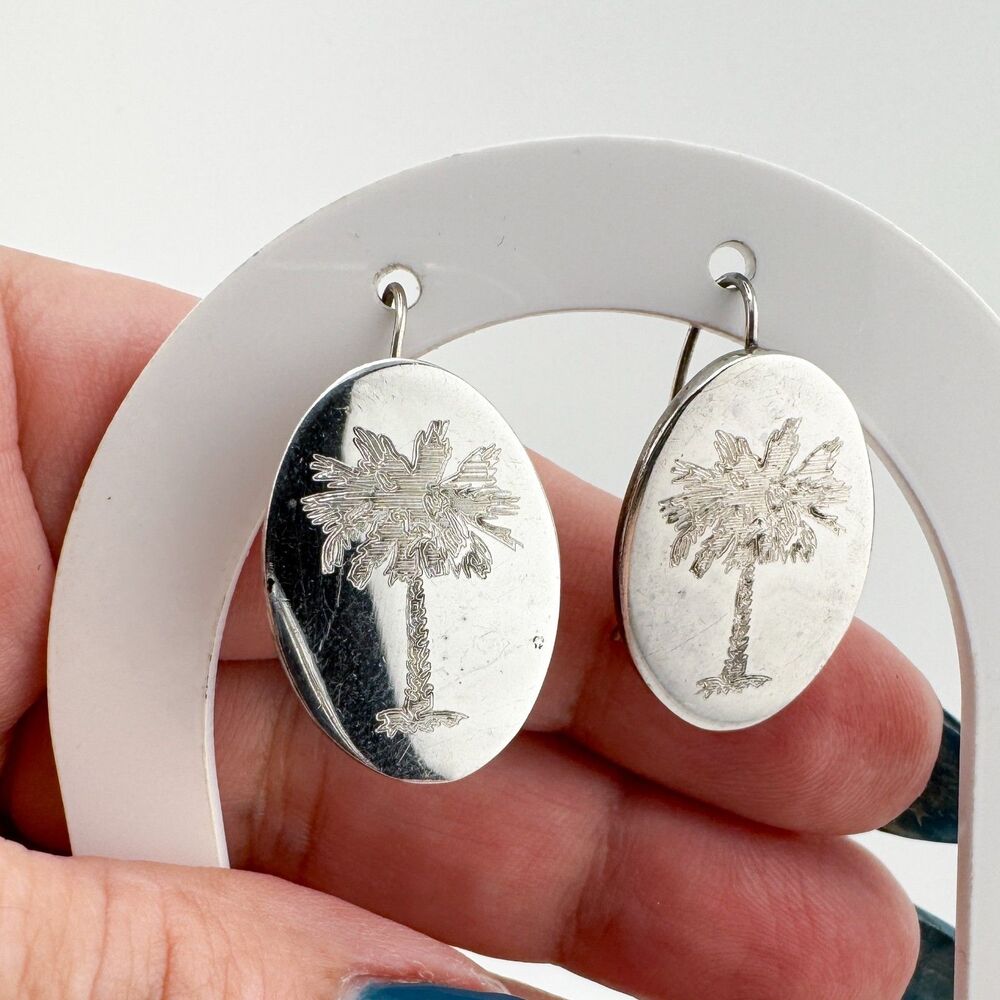 925 Sterling Silver Palm Tree Dangle Earrings Etched Tropical Beach Vacation